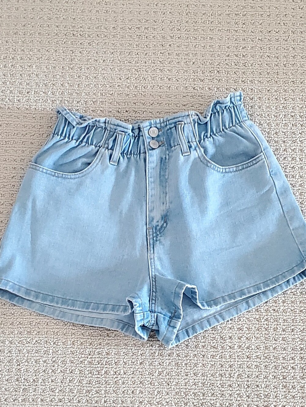 Forever 21 Denim Shorts Elastic Dual Button Hi-Waist Paperbag, Sz 28, EUC